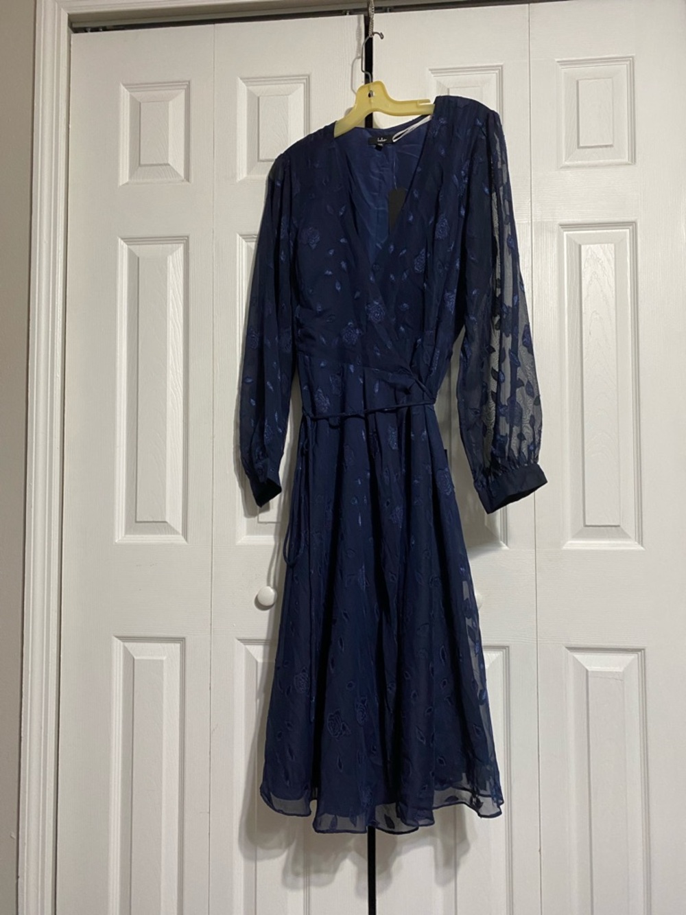Navy Long-Sleeve Wrap Midi Dress